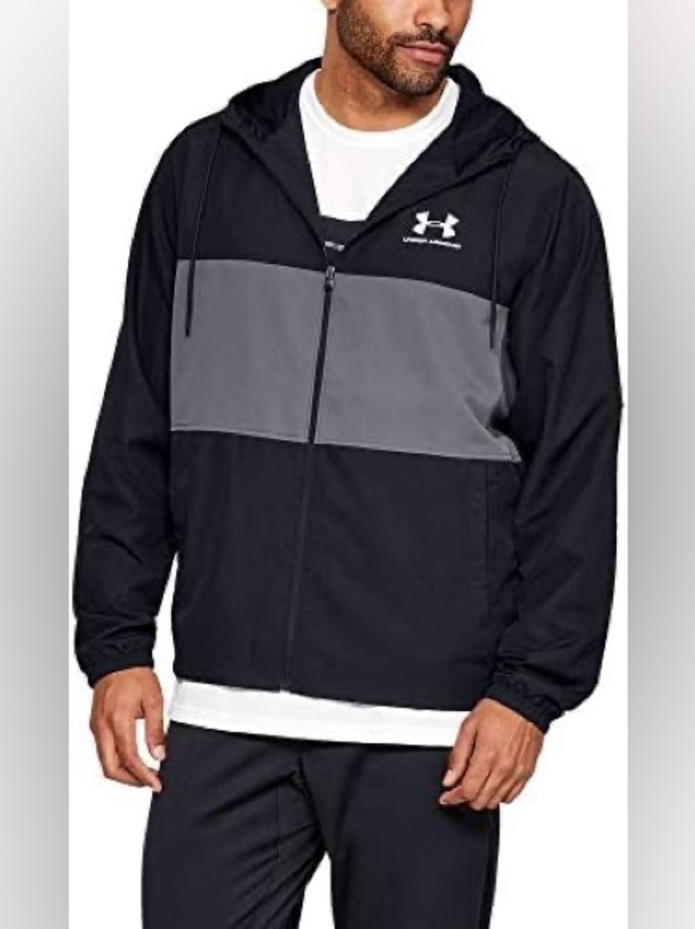 Under Armour Black and Gray Hooded Windbreaker Zip Up Men’s Large